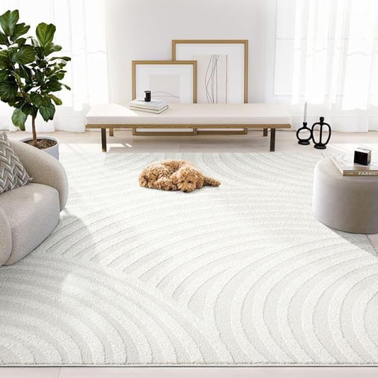 Abani Nomad Cream Tone-on-Tone Area Rug 6' x 9' for Living Room, Bedroom - Linear Curves Pattern - Durable & Easy to Clean