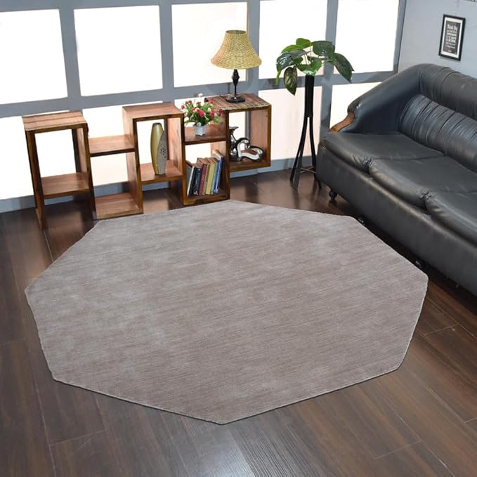 Hand Knotted Loom Wool ECO-Friendly Area Rugs - 6'x6', Octagon, Beige Color, Solid Plain Design, High Pile Thick Handmade Anti Skid Area Rugs for Living Room, Bed Room (L00111)