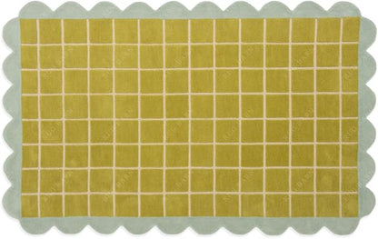 Checkered Wool Area Rug with Scalloped Border, Chartreuse Green & Cream Grid, Hand-Tufted, Soft Cut Pile, Modern Cottagecore Living Room, Bedroom & Nursery Carpet - 1x1 Ft (Sample)