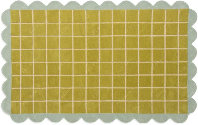 Checkered Wool Area Rug with Scalloped Border, Chartreuse Green & Cream Grid, Hand-Tufted, Soft Cut Pile, Modern Cottagecore Living Room, Bedroom & Nursery Carpet - 2.5x11 Ft (Runner)