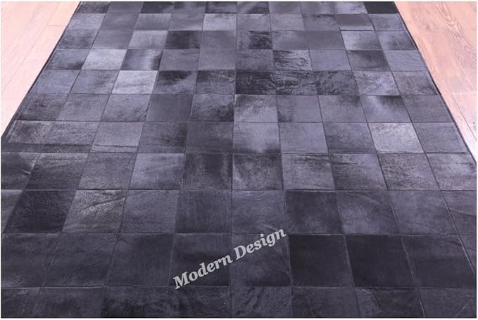 Modern Design Premium Cowhide Leather Carpet with Chevron Pattern, Area Rug (Black, 3x14)