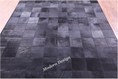 Modern Design Premium Cowhide Leather Carpet with Chevron Pattern, Area Rug (Black, 9x12)