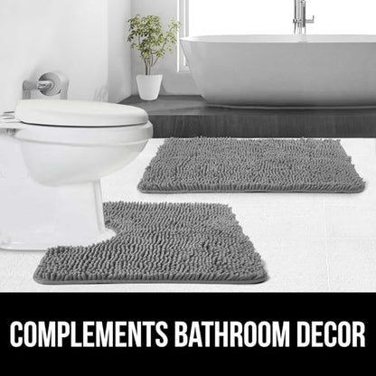 GORILLA GRIP Plush Absorbent Shaggy Chenille Bath Rug Mat for Square Toilet Base with Rubber Backing, Machine Washable Rugs, Soft Microfiber Contour Mats for Toilets, Bathroom Decor, Grey