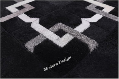 Modern Design Premium Cowhide Leather Carpet with Chevron Pattern, Area Rug (Black/Grey/White, 9x15)