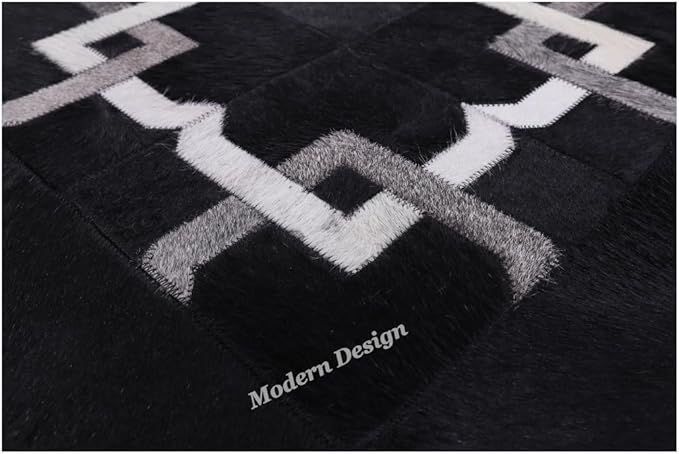Modern Design Premium Cowhide Leather Carpet with Chevron Pattern, Area Rug (Black/Grey/White, 6x9)