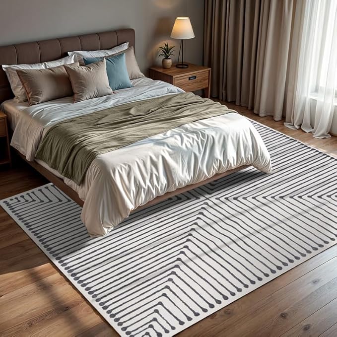 GLN Rugs Contemporary Collection - Machine Washable Area Rug, Contemporary Washable, Non Slip, Low Pile Chenille Rug, Living Room, Bedroom, Kitchen Rug (6' x 9' Black Beige)
