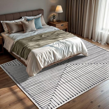 GLN Rugs Contemporary Collection - Machine Washable Area Rug, Contemporary Washable, Non Slip, Low Pile Chenille Rug, Living Room, Bedroom, Kitchen Rug (8' x 10' Black Beige)