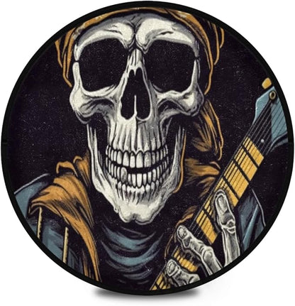 Washable Non-Slip Round Rug with Grinning Skull Electric Bass Design Perfect for Indoor & Outdoor Decor, Living Room, Bedroom, Dorm Room, and Office.