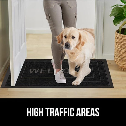 GORILLA GRIP 100% Waterproof All-Season WeatherMax Doormat 35x23, US Designed Natural Rubber, Stain and Fade Resistant, Low Profile Indoor Outdoor Door Mats, Easy Clean Patio Mat, Black Welcome