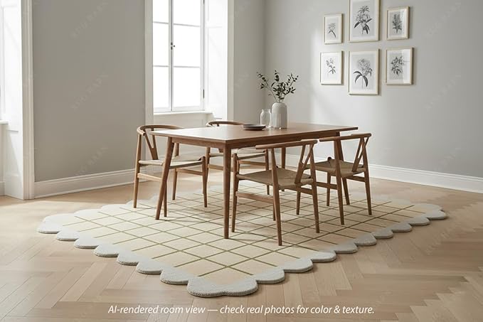 Scalloped Border Wool Area Rug with Windowpane Grid, Hand-Tufted, Beige-Blush with Sage Lines & Light Purple Edge - Soft High-Low Pile for Living Room, Bedroom, Nursery - 3x6 Ft