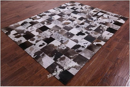 Modern Design Premium Cowhide Leather Carpet with Chevron Pattern, Area Rug (D.Brown/White, 5x8)
