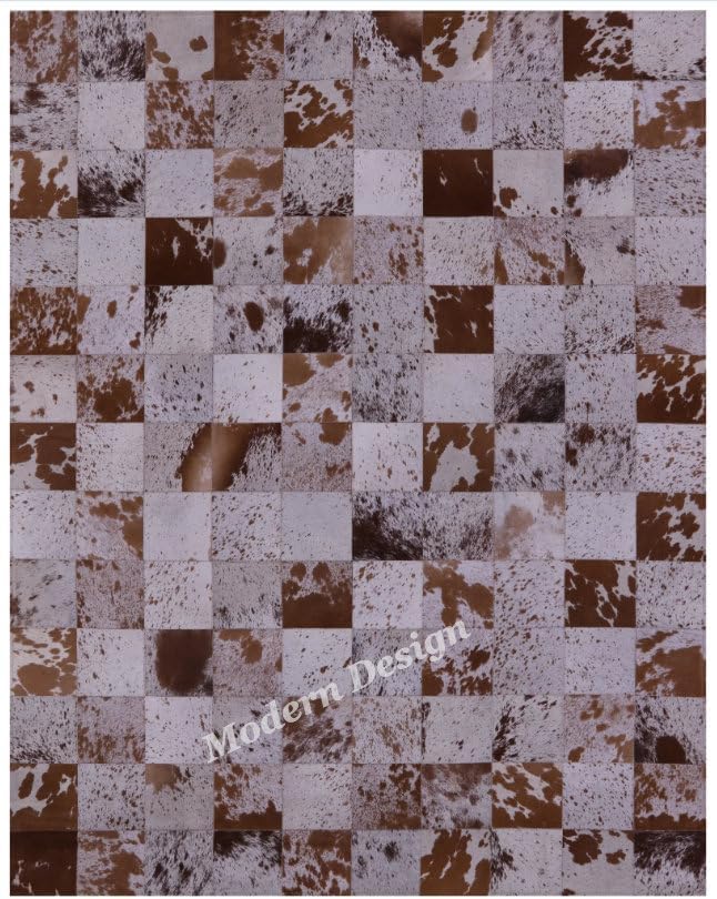 Modern Design Premium Cowhide Leather Carpet with Chevron Pattern, Area Rug (White/Brown, 10x14)