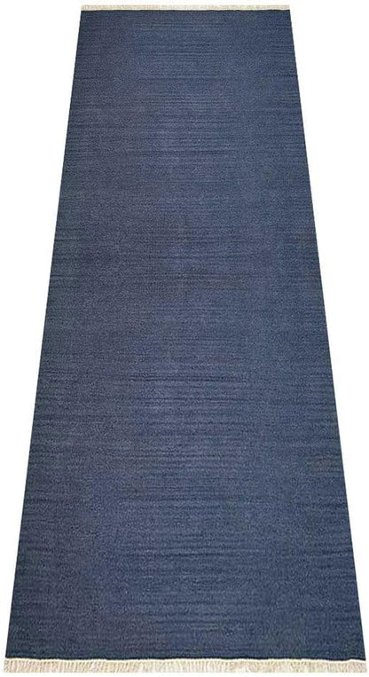 Rugsotic Carpets Hand Woven Flat Weave Kilim Wool ECO-Friendly Area Rugs - 2'6"x8', Runner Shape, Blue Color, Solid Plain Design, Low Pile Handmade 8ft Area Rugs for Living Room, Bed Room (D00111)