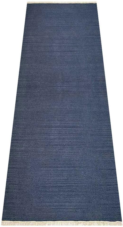 Rugsotic Carpets Hand Woven Flat Weave Kilim Wool 2'6''x6' Runner Area Rug Solid Blue D00111