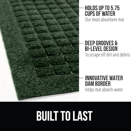 GORILLA GRIP Front Door Mat, 35x23, Indoor Outdoor Ultra Absorbent HydroAbsorb Doormat, Absorbs Up to 5.7 Cups of Water, Stain and Fade Resistant, Rubber Backing Doormats, Captures Dirt, Green