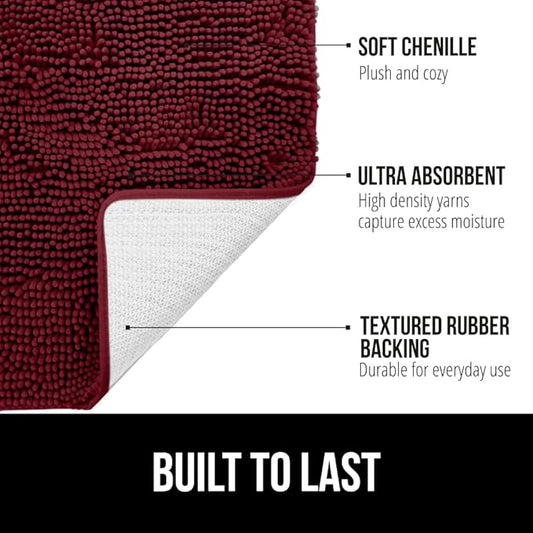 GORILLA GRIP Bath Rug Mat, Thick Soft Absorbent Chenille, Quick Dry Microfiber Mats, Rubber Backing Washable Shower Floor Rugs, US Designed Bathroom Bathmat Home Decor Accessories, 24x17, Burgundy