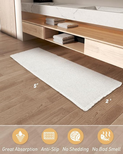 AMOAMI Waffle Runner Rug Super Absorbent Non Slip Bath Mats for Bathroom Floor, Machine Washable Boho Bathroom Runner Rug with Tassels, Ideal for Hallway Bedroom Laundry Room, 2' x 5'