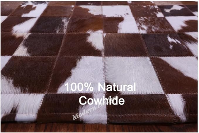Modern Design Premium Cowhide Leather Carpet with Chevron Pattern, Area Rug (Brwon/White, 4x6)