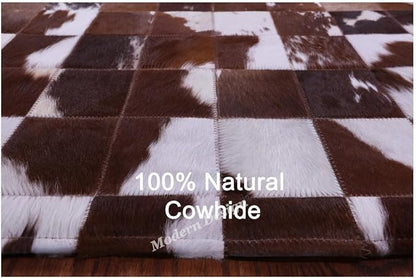 Modern Design Premium Cowhide Leather Carpet with Chevron Pattern, Area Rug (Brwon/White, 3x10)