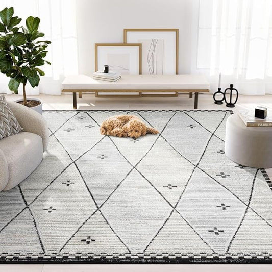 Abani Viva Cream & Grey Area Rug 2' x 3' for Living Room, Bedroom - Farmhouse Diamond Pattern - Durable & Easy to Clean