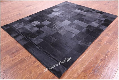 Modern Design Premium Cowhide Leather Carpet with Chevron Pattern, Area Rug (Black, 5x8)