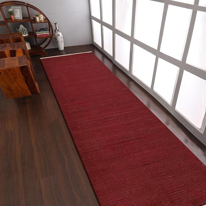 Rugsotic Carpets Hand Woven Flat Weave Kilim Wool ECO-Friendly Area Rugs - 2'6''x10', Runner Shape, Dark Red Color, Solid Plain Design, Low Pile Handmade Rugs for Living Room, Bed Room (D00111)