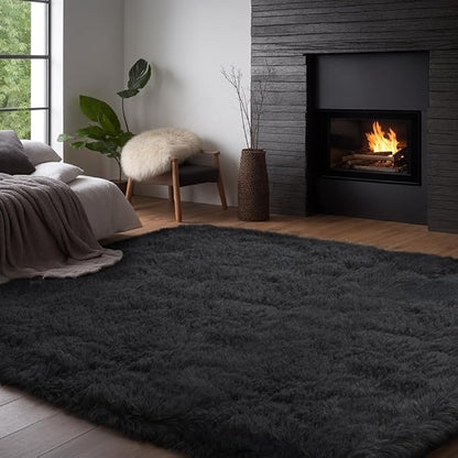 Zentavio Black Area Rugs for Living Room Bedroom 9x12 Large Men Room Carpet Fluffy Furry Shag Aesthetic Plush High Pile Floor Rug for Nursery Kids Room Dorm Home Decor
