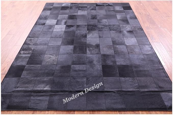 Modern Design Premium Cowhide Leather Carpet with Chevron Pattern, Area Rug (Black, 8x10)