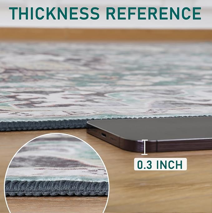 Washable Area Rugs 3x5 , Low Pile Super Soft Carpet, Vitnage Distressed Rug for Bedroom, Living Room, Dining Room, Non-Slip, Low Pile, Green