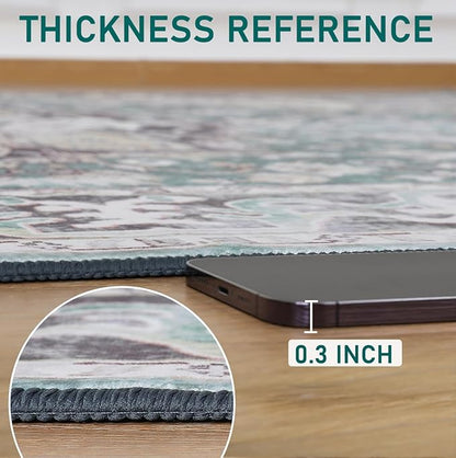 Washable Area Rugs 3x5 , Low Pile Super Soft Carpet, Vitnage Distressed Rug for Bedroom, Living Room, Dining Room, Non-Slip, Low Pile, Green