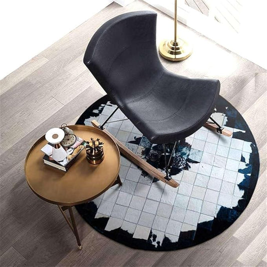 Round Black & White Cowhide Leather Area Rug – Modern Geometric Circle Carpet for Bedroom, Living Room, Dining, or Office – Soft, Non-Slip, Washable Accent Floor Rug | 10x10 ft