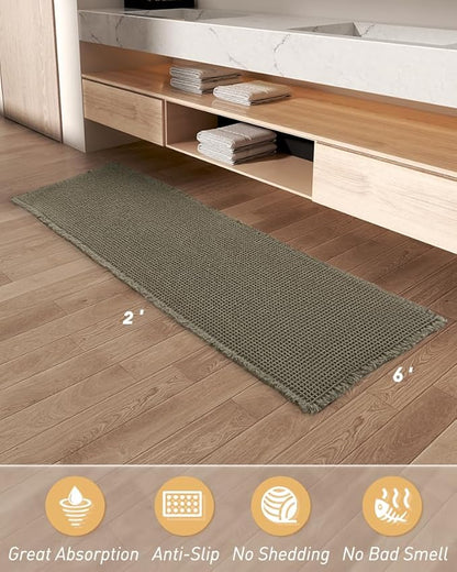 Upgraded Christmas Waffle Runner Rug Super Absorbent Non Slip Bath Mats for Bathroom Floor Washable Bathroom Runner Rug with Tassels, Ideal for Hallway Bedroom Laundry Room, Green, 2' x 6'(24" x 72")