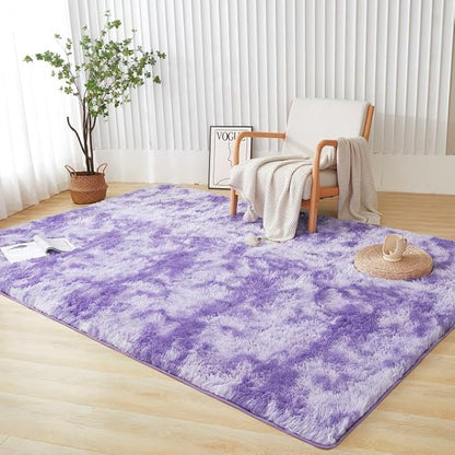 Andency 8x10 Area Rugs for Living Room, Non-Slip Fluffy Soft Large Shag Bedroom Carpet, Tie-Dyed Purple Big Indoor Thick Nursery Rug for Kids Dorm Home Decor Aesthetic