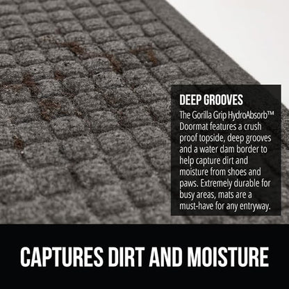 GORILLA GRIP Front Door Mat, 35x23, Indoor Outdoor Ultra Absorbent HydroAbsorb Doormat, Absorbs Up to 5.7 Cups of Water, Stain and Fade Resistant, Rubber Backing Doormats, Captures Dirt, Charcoal