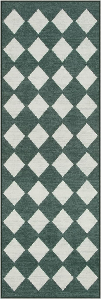 Lahome Checkered Washable 2x6 Green Runners for Hallways Non Slip, Ultra-Thin Kitchen Bathroom Runner Rugs, Moroccan Trellis Throw Carpet Runner for Bedroom Entryway Decor (2'x6',Dark Green)