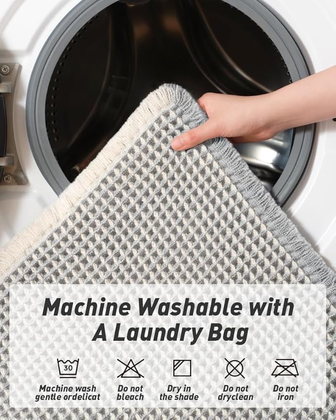 Upgraded Waffle Bath Mat, Super Absorbent Non Slip Bath Mats for Bathroom Floor, Machine Washable Bathroom Rugs with Tassels, Rubber Backed Bathroom Mats, Ultra Soft, 18" x 30",LightGrey & Cream