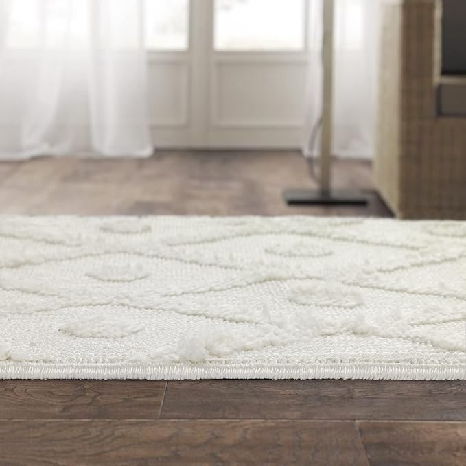 Antep Rugs Palafito 2x10 Geometric Shag Diamond High-Low Pile Textured Indoor Runner Rug (White, 2' x 10')