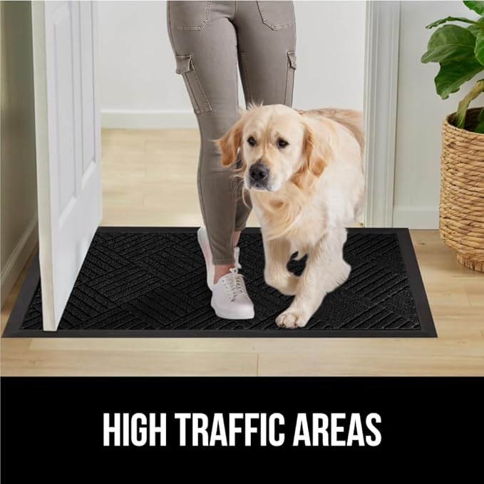GORILLA GRIP 100% Waterproof All-Season WeatherMax Doormat US Designed Natural Rubber, Stain and Fade Resistant, Low Profile Indoor Outdoor Door Mats, Easy Clean Patio Mat, 17x29, Black Diamond