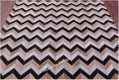 Modern Design Premium Cowhide Leather Carpet with Chevron Pattern, Area Rug (Beige/Black/Grey/Ivory, 10x14)
