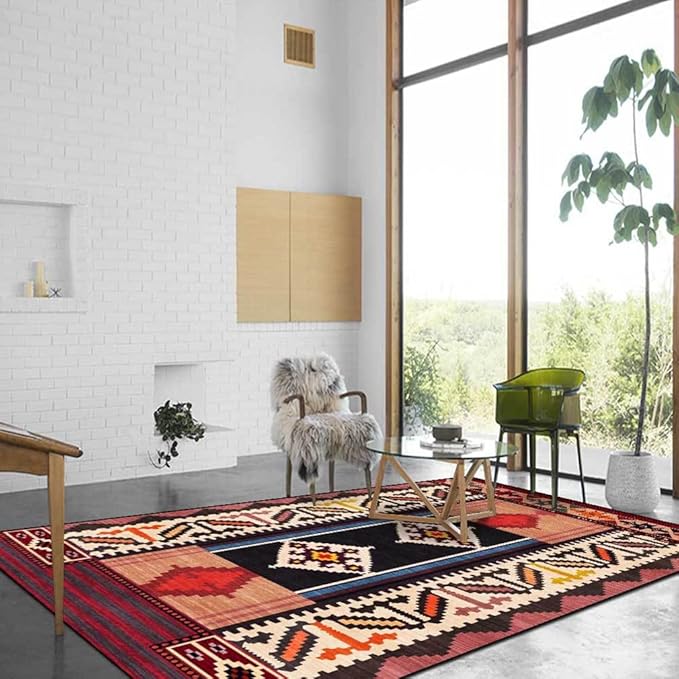 Vintage Boho Area Rugs Multicolor Ethnic Style Geometric Splicing Carpets Bedroom Living Room Kitchen Floor Mats Indoor Outdoor Non-Shedding Runner Rug Home Décor Carpet 5' X 5'