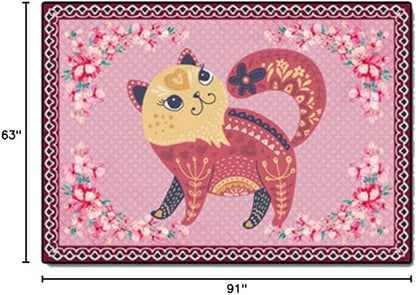 Cartoon Animal Pattern Area Rug Cute Cat Luxury Floral Decor for Carpet Farmhouse Bedroom Living Room Rugs Bathroom Kitchen Runner Mat Indoor Outdoor Non Slip Doormat 5.2' X 7.5'