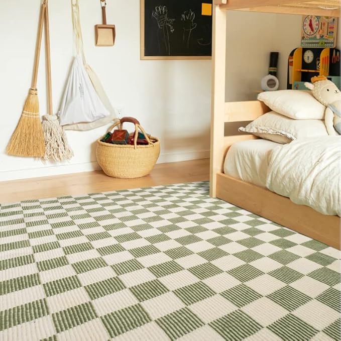 Revival Rugs Gambit 6'7"x9' Checkered Rug Washable Area Rug for Living Room Bedroom - 100% Recycled Oeko-TEX Certified, Medium Pile, Green, Beige