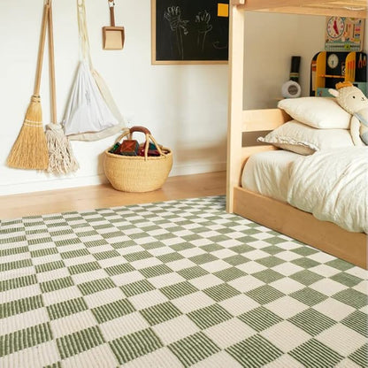 Revival Rugs Gambit 6'7"x9' Checkered Rug Washable Area Rug for Living Room Bedroom - 100% Recycled Oeko-TEX Certified, Medium Pile, Green, Beige