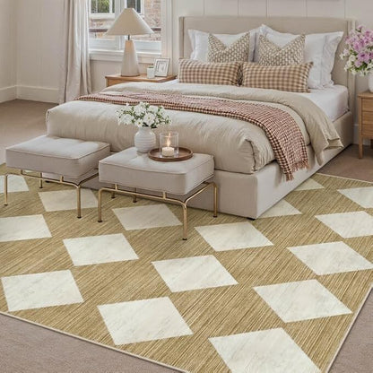 8x10 Checkered Area Rugs for Living Room Brown Machine Washable Large Rug Non-Slip Stain Resistant Low Pile Boho Accent Indoor Throw Carpet for Bedroom Dining Room Home Aesthetic Decor