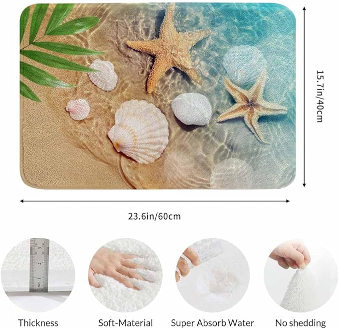 Palm Starfish Seashell Bath Rugs Microfiber Bathroom Mat Soft Plush Shaggy Shower Mat for Bathroom Fluffy Comfortable Water Absorbent Carpet Non-Slip Machine Washable 16"X24"