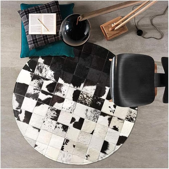 Cowhide Round Leather Rug 4x4 ft – Genuine Hair-On Hide Patchwork Area Rug for Living Room, Bedroom, Kids Playroom, Lounge & Western Home Decor
