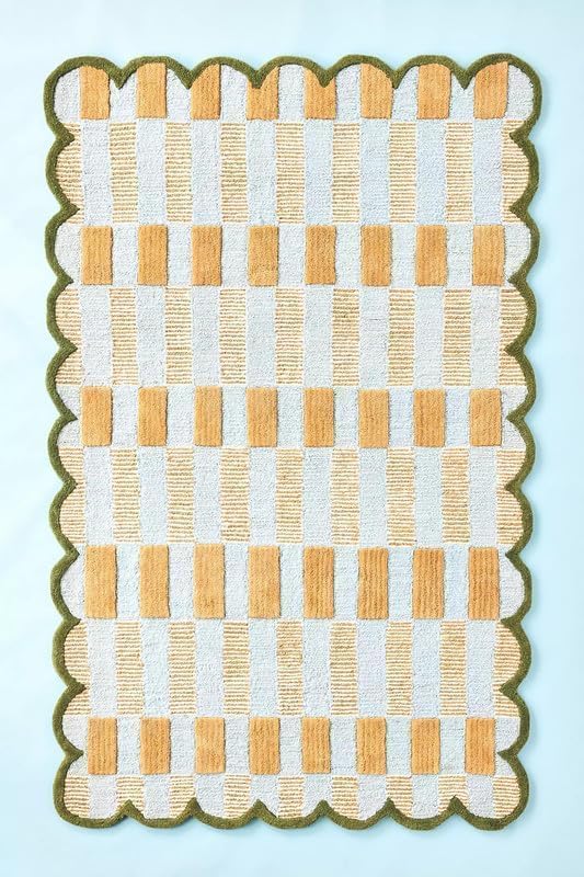 Handmade Scalloped Wool Area Rug - Modern Geometric Pattern, Green-Beige Stripes, Checkered Chevron Design - Soft, Durable Thick Carpet for Living Room, Bedroom (Gold, 4' x 6')