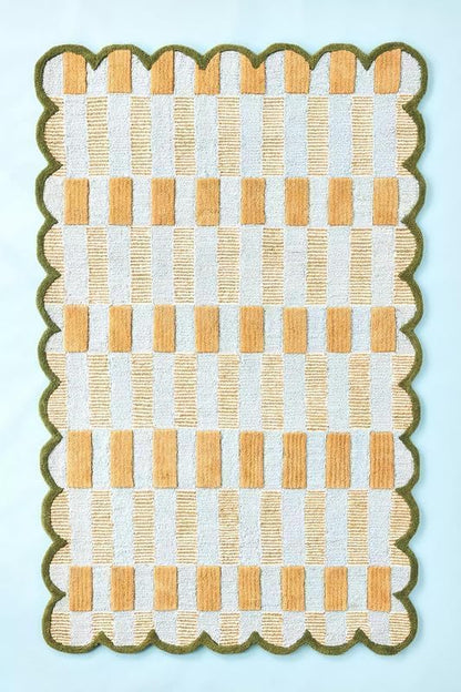Handmade Scalloped Wool Area Rug - Modern Geometric Pattern, Green-Beige Stripes, Checkered Chevron Design - Soft, Durable Thick Carpet for Living Room, Bedroom (Gold, 4' x 6')