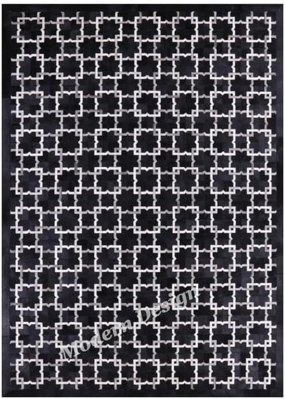 Modern Design Premium Cowhide Leather Carpet with Chevron Pattern, Area Rug (Black/Grey/White, 3x5)