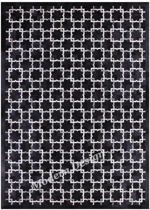 Modern Design Premium Cowhide Leather Carpet with Chevron Pattern, Area Rug (Black/Grey/White, 5x8)